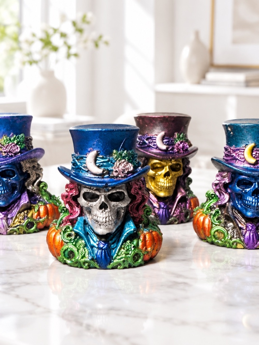 Colorful Halloween Skull Figurine with Top Hat